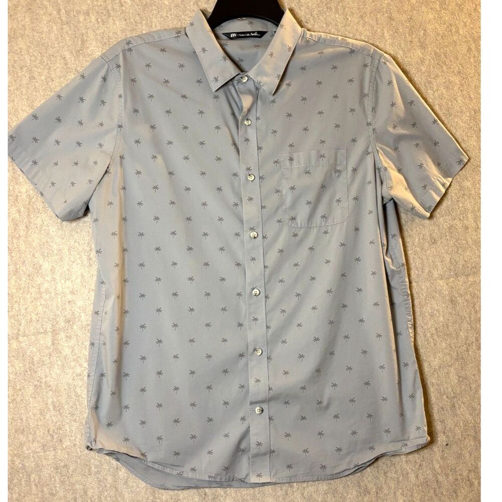 Travis Mathew Men’s L Gray Palm Tree Print Stretch Button-Up Shirt